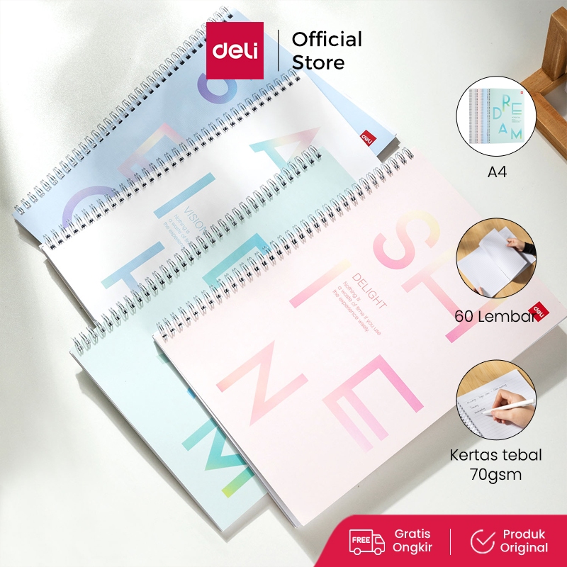 Deli Spiral Notebook / Buku Tulis Spiral A4 60 Lembar Kertas Halus LA460