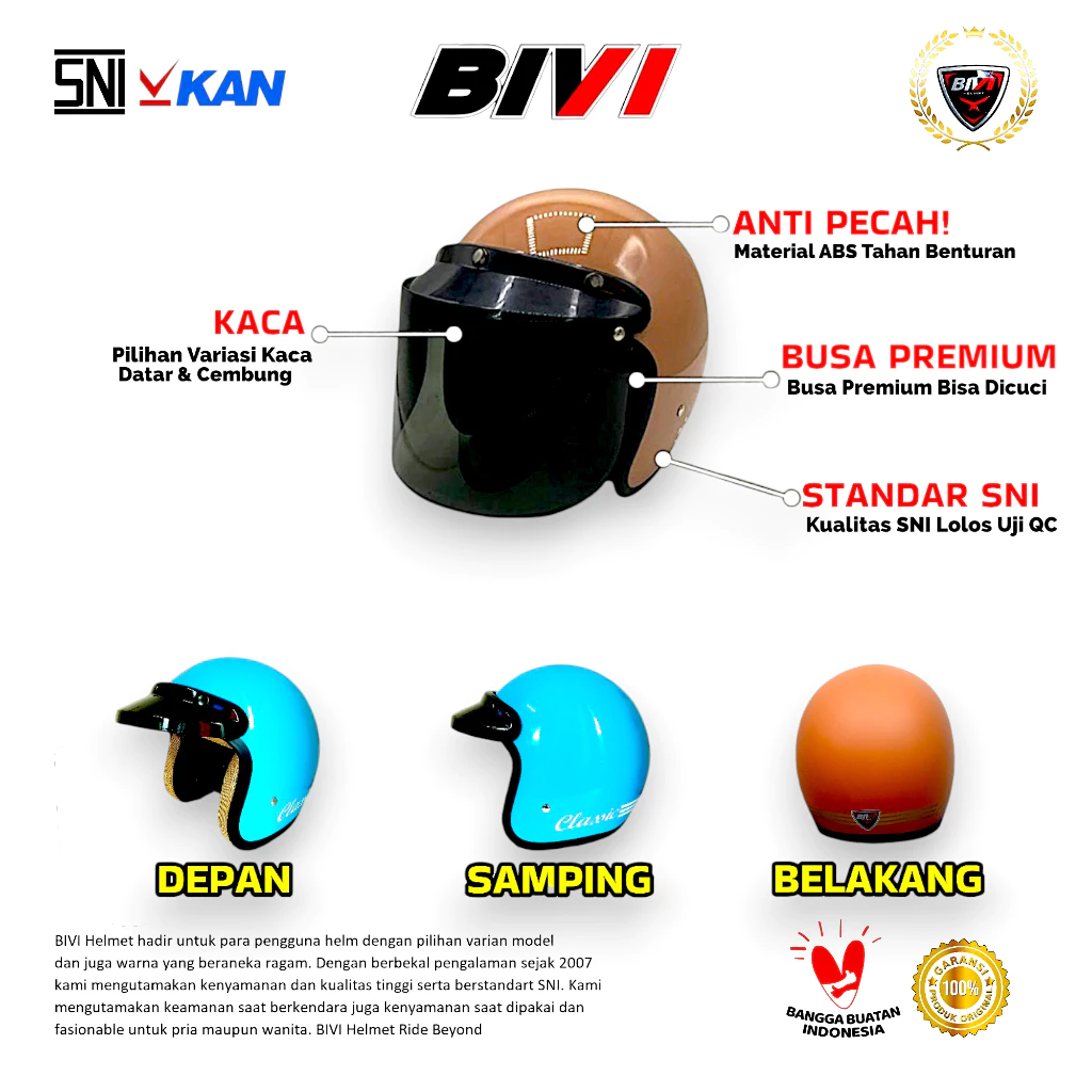 HELM BOGO PREMIO LIST CHROME ORI SNI Retro Half Face Pria Wanita-Dewasa - Gambar 4