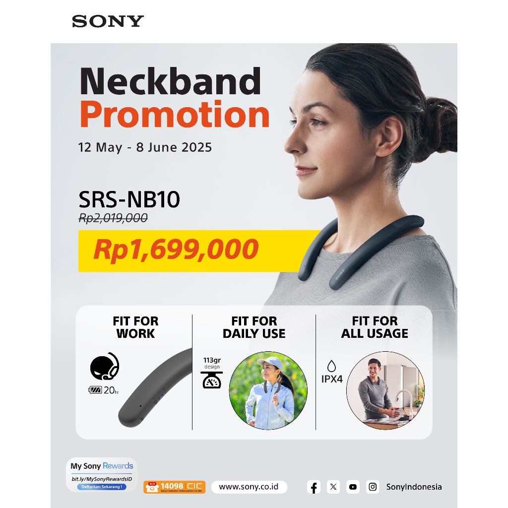 Sony Speaker SRS-NB10 Wireless Neckband Android & IOS - Grey - Gambar 2