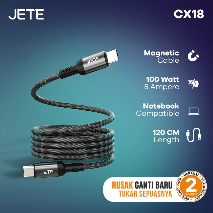 Kabel Data JETE CX18 Type C to Type C 100W Magnetic Self Winding Super Fast Charging- Garansi 2th