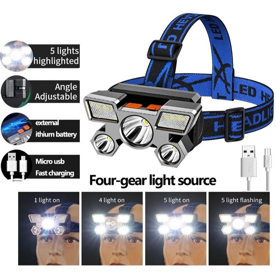 Senter Kepala 5 LED Camping P-501 Super Terang USB Rechangeable Waterproof Anti Air 45W Cahaya Putih