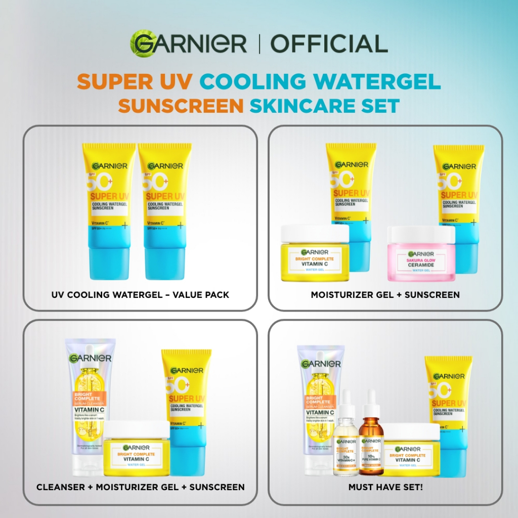 GARNIER Paket Skincare Set 2pc 3pc 5pc / Paket Hemat Super UV Cooling Watergel Sunscreen, Serum Wash Cleanser Moisturizer Gel Super UV Sunscreen SPF - Gambar 2