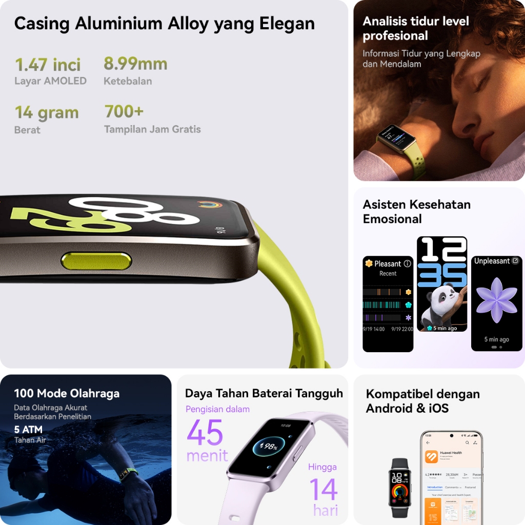[8.8 s/d 20%*] HUAWEI Band 10 Smartband / Sleek Aluminum Alloy Case / Pro-Level Sleep Analysis / Emotional Wellbeing Assistant - Gambar 2