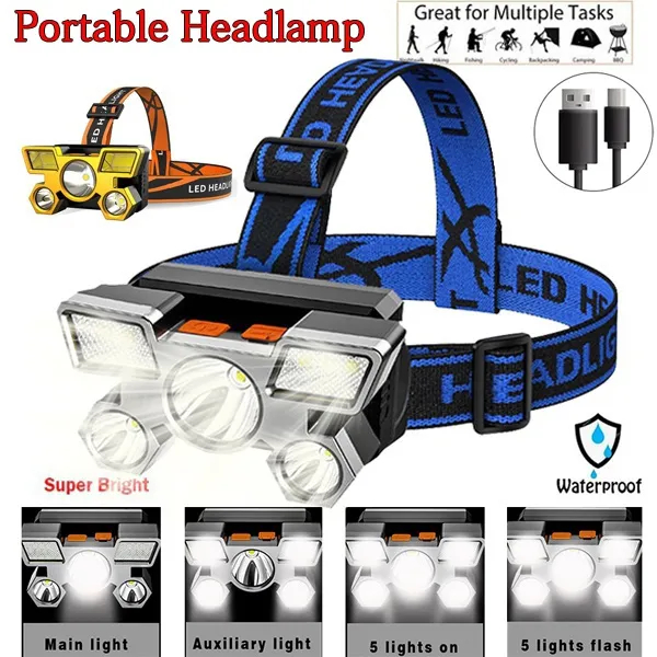 Senter Kepala 5 LED Camping P-501 Super Terang USB Rechangeable Waterproof Anti Air 45W Cahaya Putih - Gambar 2