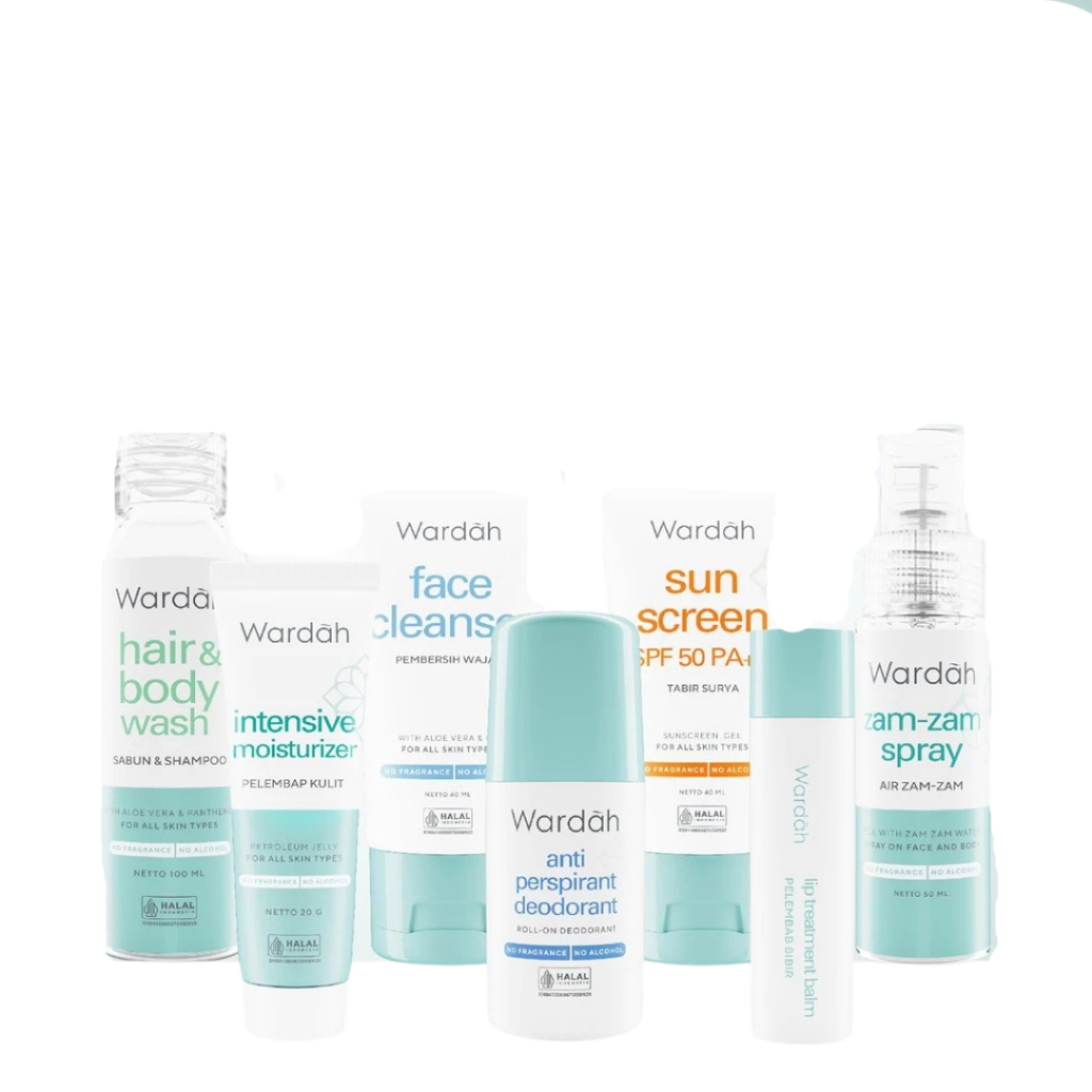 WARDAH Umrah & Hajj Package - Paket Haji dan Umroh - Facial Wash, Moisturizer Pelembab Wajah, Sunscreen SPF 50 PA+++ , Antiperspirant Deodorant, Hair and Body Wash, Lip Balm, ZamZam Water Spray - Skincare - Gambar 3