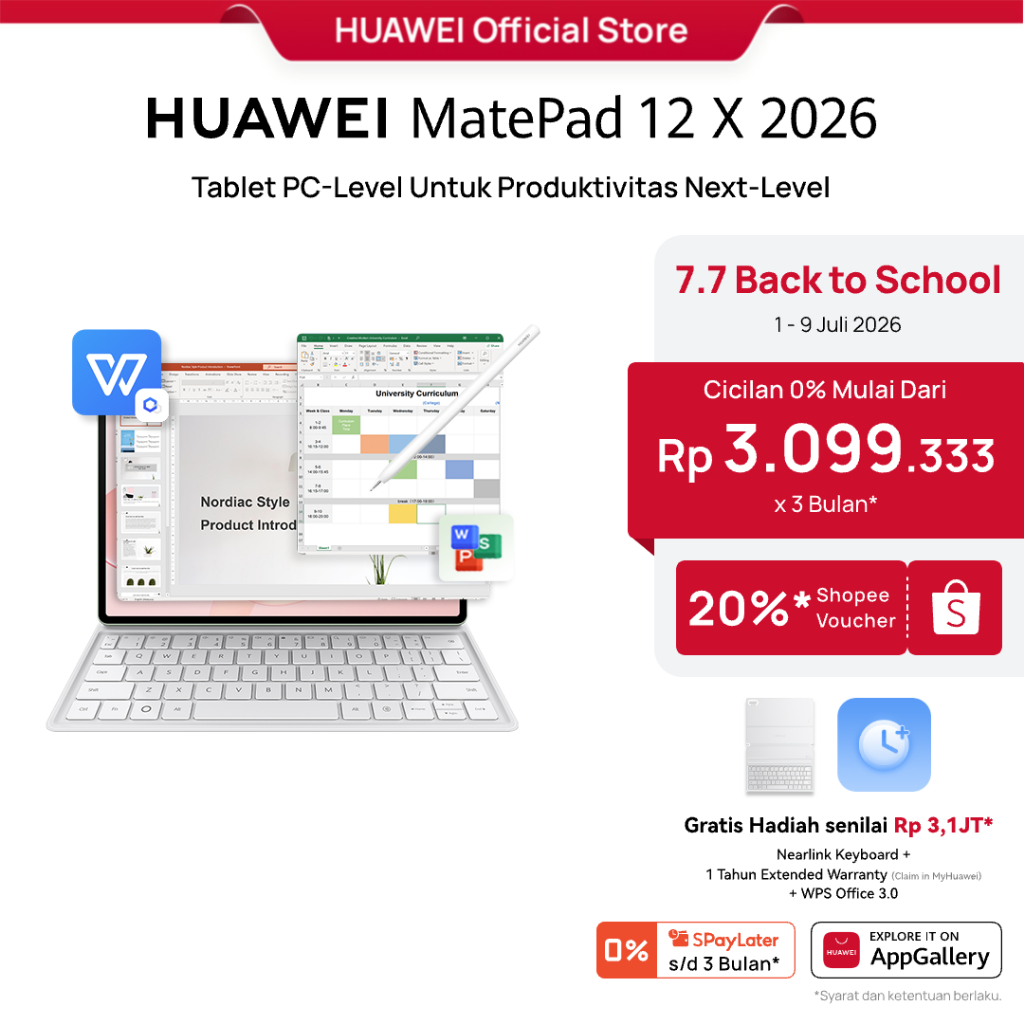 7.7 Voucher s d 20% HUAWEI MatePad 12 X 2026 Tablet PC-Level WPS 3.0 Layar PaperMatte Ultra Jernih Support M-Pencil Pro
