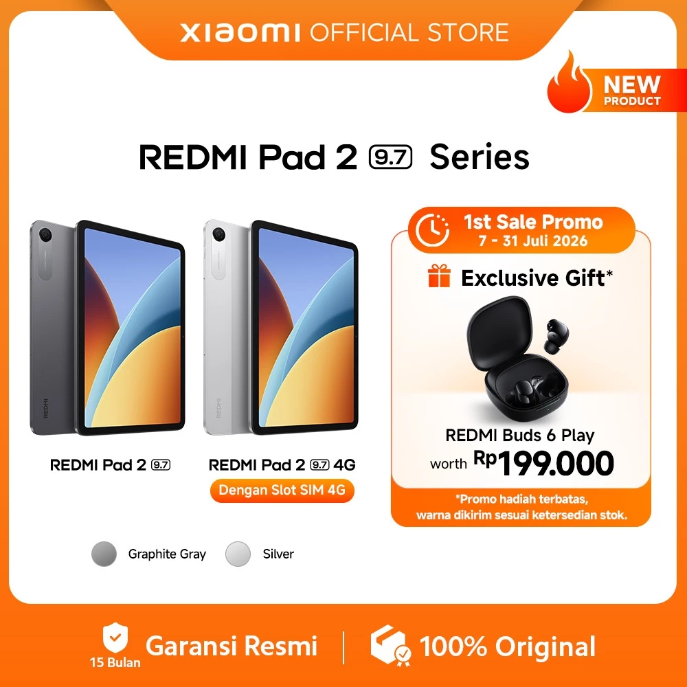 REDMI Pad 2 9.7 | REDMI Pad 2 9.7 4G | (4GB/64GB) (4GB/128GB) | 9.7" 2K 120Hzz layar super-jernih | Baterai besar 7600mAh (typ) | Snapdragon 6s 4G Gen 2 dengan 4G* | Ditenagai Xiaomi HyperOS | Tablet Android | Tablet SIM Card [Xiaomi Official Store] - Gambar 2