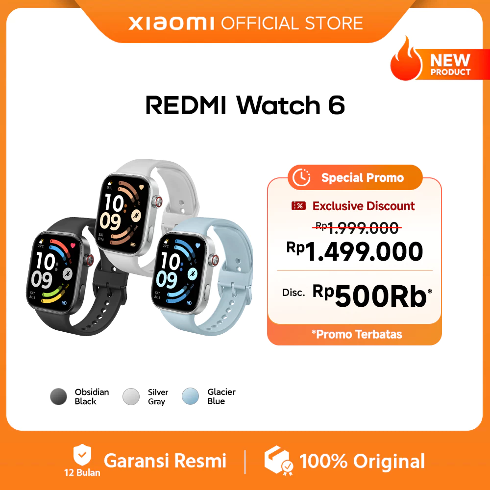 Xiaomi REDMI Watch 6 | Layar AMOLED 2,07" hingga 2000 nits | Bodi Ultra-tipis 9,9mm dengan Frame Aluminium Alloy | Baterai Tahan Hingga 24 Hari | Dual-band GPS & Tahan Air hingga 5ATM | Fitur Kesehatan Lengkap & 150+ Mode Olahraga [Xiaomi Official Store]