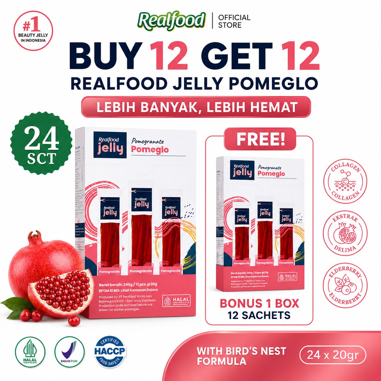 BUY 12 GET 12 Realfood Jelly Pomeglo / Jelly Glowing Skin / Beauty Jelly / Pomegranate / Collagen / Retinol / Kulit Cerah / Glowing Skin / Firming Skin / Elastisitas Kulit / Kulit Kencang / Antioksidan / UV Care / Daily Beauty Snack - Gambar 2