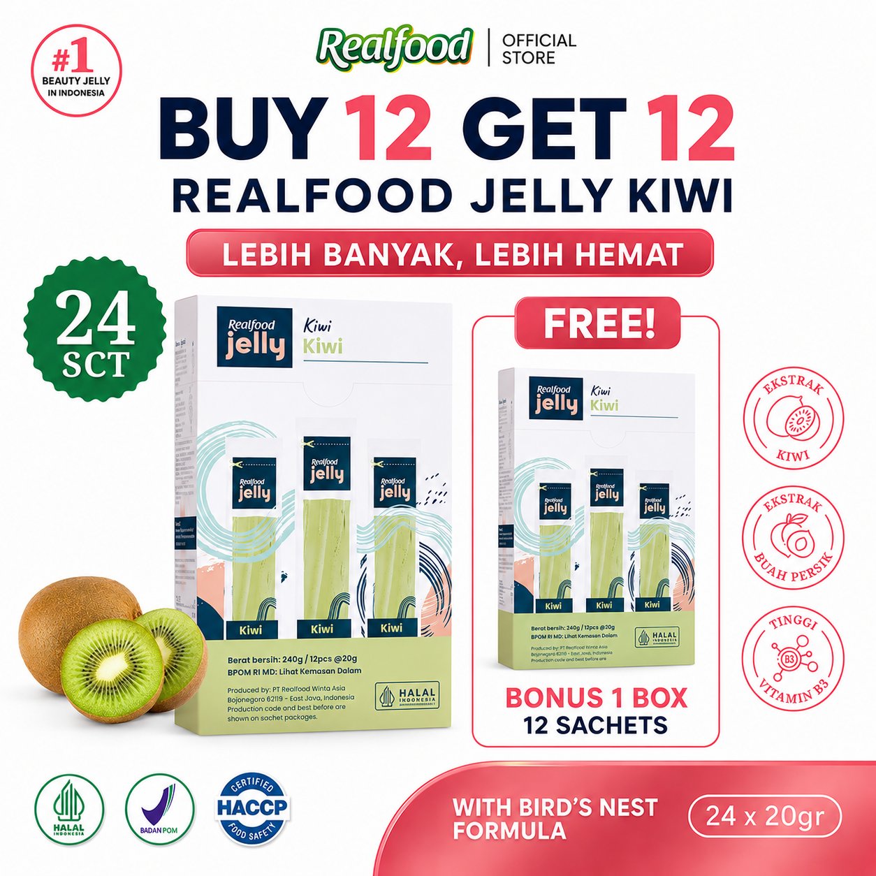 BUY 12 GET 12 Realfood Jelly Kiwi Sarang Burung Walet dengan Omega 3, Omega 6, Vitamin B3 dan B5 - Gambar 2