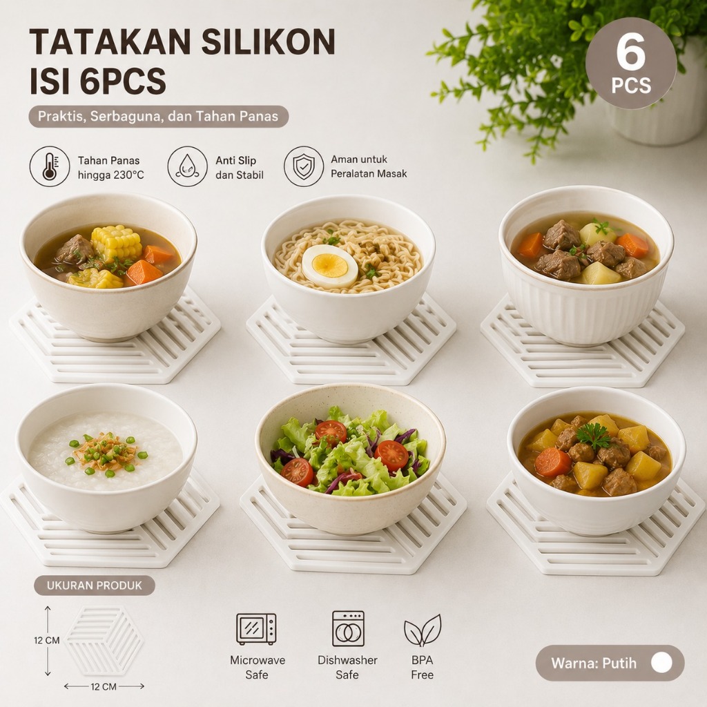 TATAKAN SILIKON SERBAGUNA 6 PCS PUTIH ,TATAKAN ALAS GELAS MANGKOK - Gambar 2