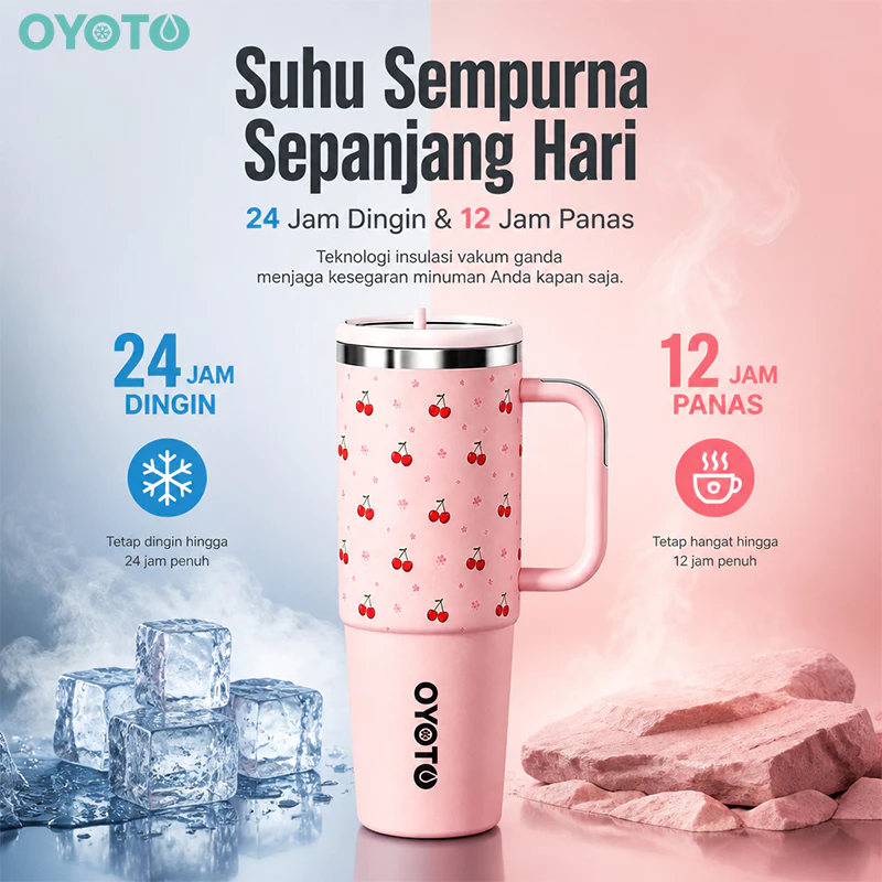 OYOTO Tumbler Vakum 1200ML Portable Stainless Steel Pink Motif Hati Tahan Dingin Panas 24 Jam Outdoor - Gambar 2