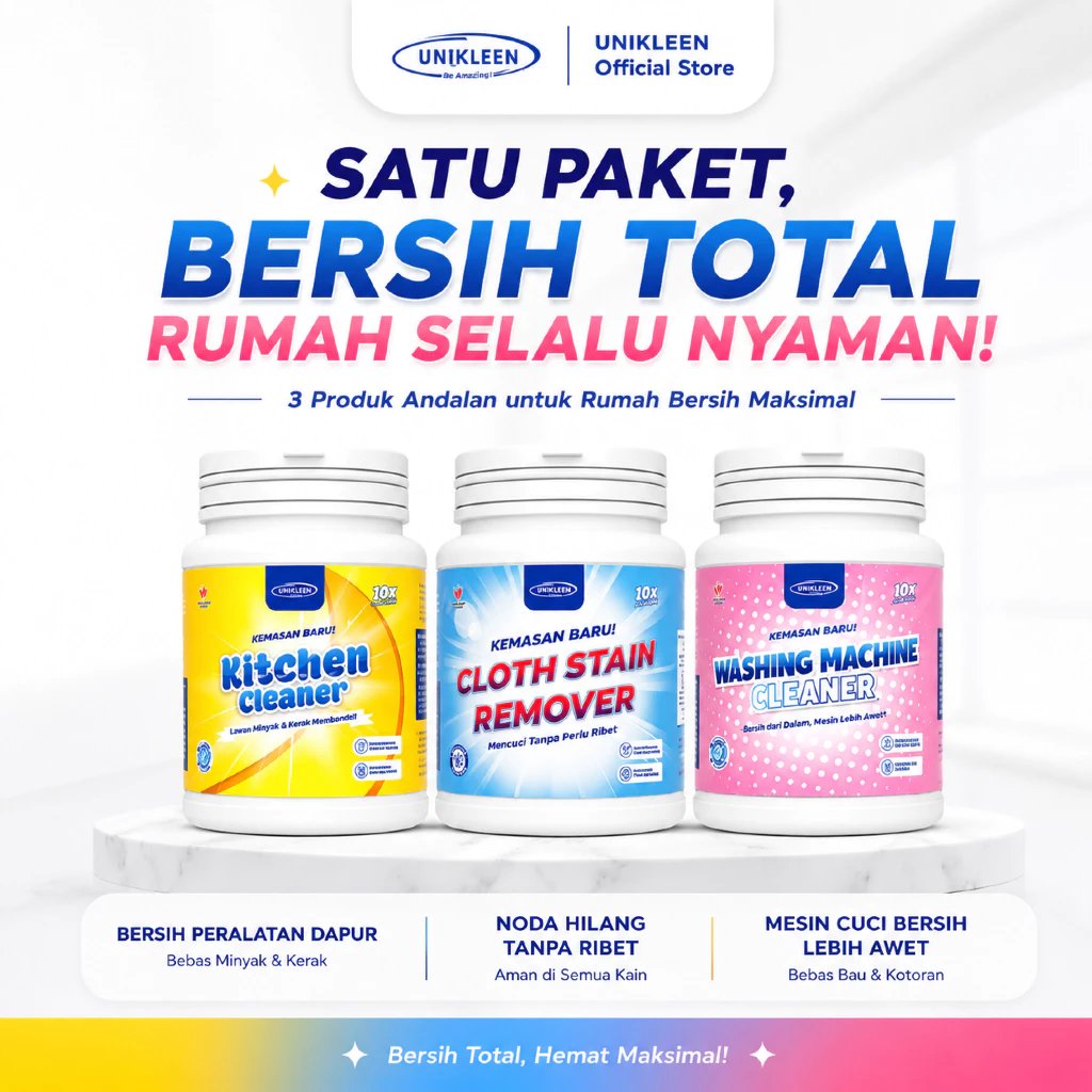 UNIKLEEN By Adreena - PAKET BUNDLING 3 Pembersih mesin cuci, pembersih noda membandel pakaian & Pembersih noda peralatan dapur
