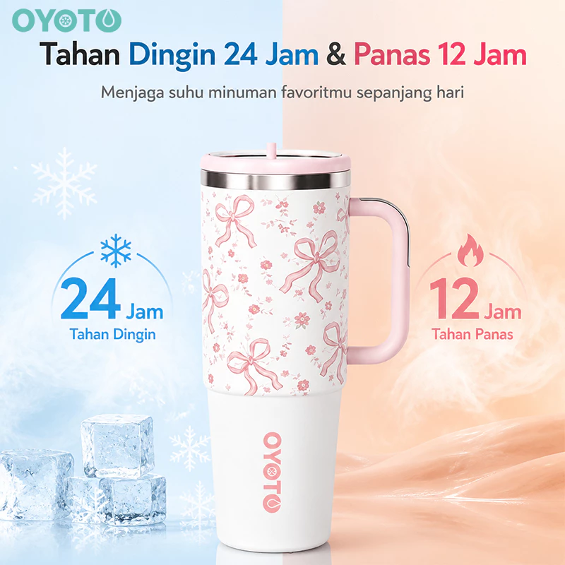 OYOTO Tumbler Vakum 1200ML Pink Motif Hati Stainless Steel Tahan Dingin Panas 24 Jam Portable Outdoor - Gambar 3