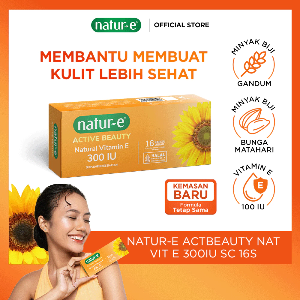 Natur-E Active Beauty Natural Vitamin E 300 IU 16s/32s - Soft Capsule Dengan Vitamin E 300 IU - Membantu Menjaga Kesehatan Kulit dari Dalam