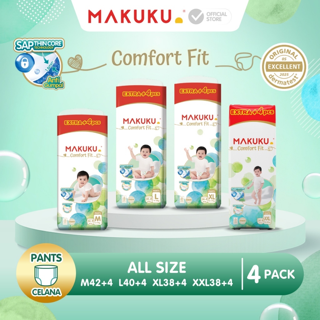[4 PACK] Makuku SAP Diapers Comfort Fit 3.0 Jumbo +4 Pack Celana / Pants Popok Bayi M42+4 / L40+4 / XL38+4