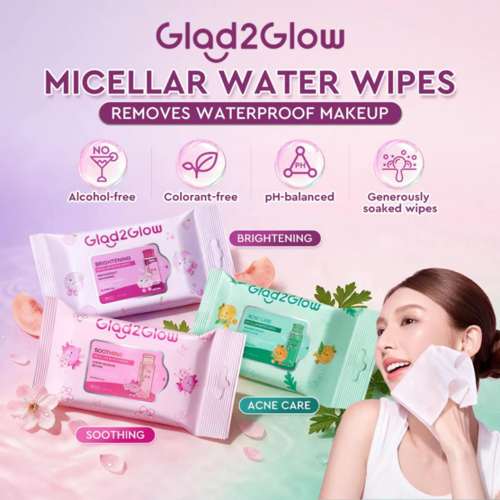 GLAD2GLOW Water Wipes Micellar Water Hapus Makeup Waterproof 10S / Distributor Cream Ori - Gambar 2