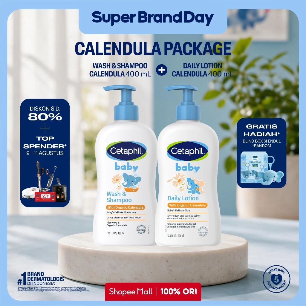 [LIVE ENDUL] Cetaphil Baby Daily Lotion with Organic Calendula 400ml + Baby Wash & Shampoo with Organic Calendula 400ml