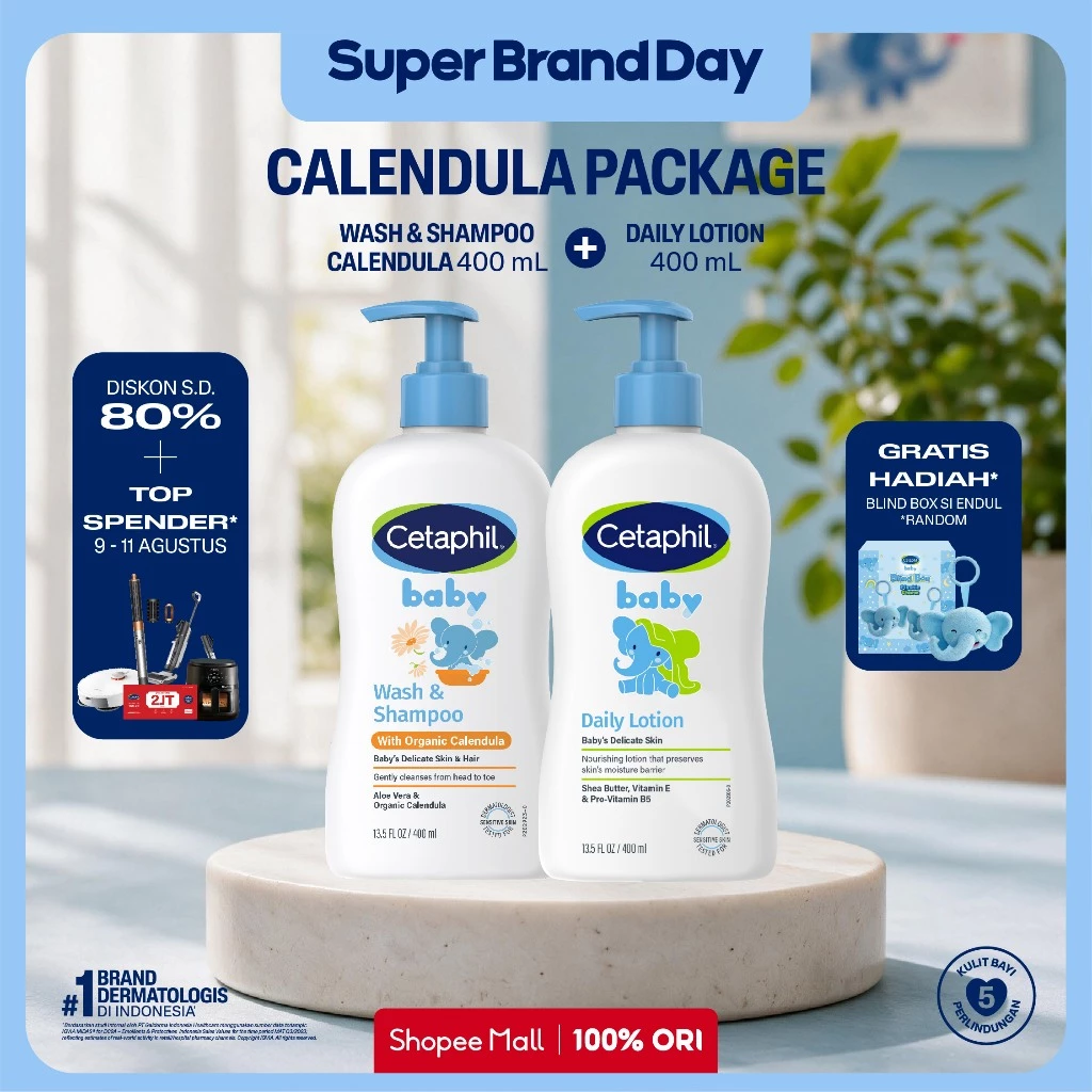 [LIVE ENDUL] Cetaphil Baby Daily Lotion 400ml + Baby Wash & Shampoo with Organic Calendula 400ml