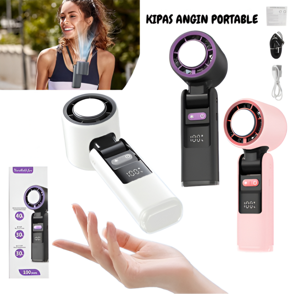 Kipas Angin Mini Portable Lipat Rechargeable Handheld Turbo Fan Kipas Genggam Digital Display
