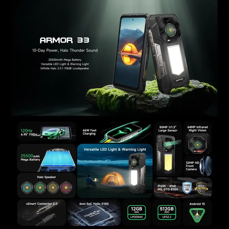 Ulefone Armor 33 6.95''LCD IPS 120HZ Helio G100 12GB 512GB 25500mAh 66W NFC - Gambar 4