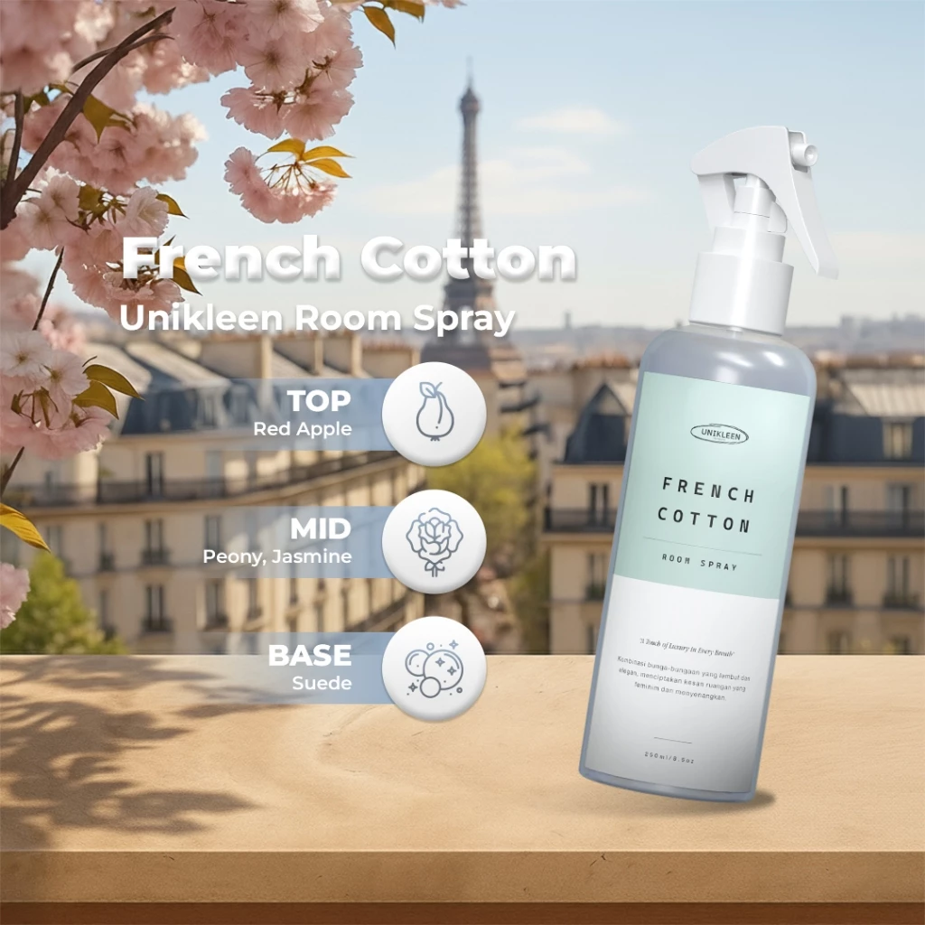 Unikleen Bed & Room Spray French Cotton - Pengharum Ruangan Anti Bakteri, Pewangi Sofa & Kasur, Linen Spray Tahan Lama
