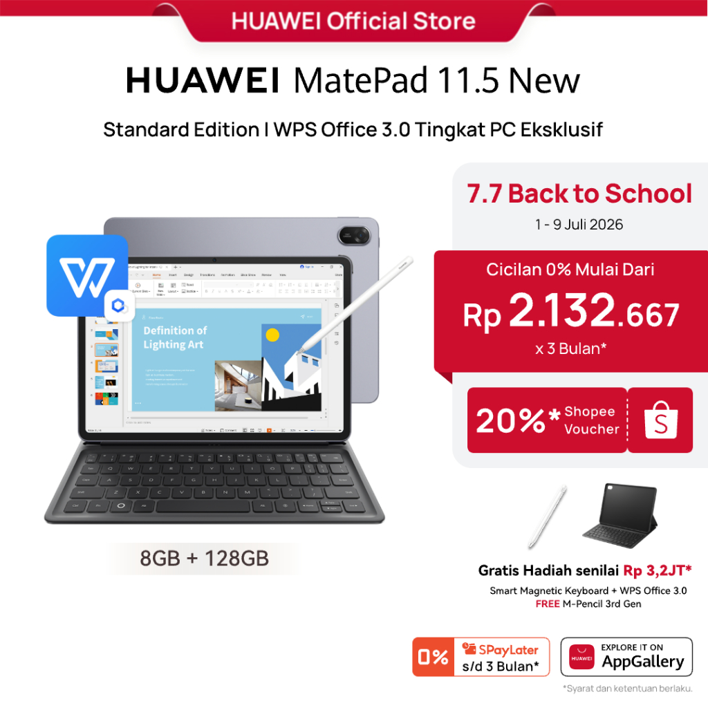 7.7 Voucher s d 20% FREE PEN HUAWEI MatePad 11.5 New Standard Edition Tablet WPS Office 3.0 Tingkat PC Eksklusif 10,100 mAh 40W HUAWEI SuperCharge