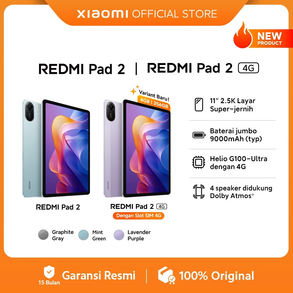 Redmi Pad 2 | Redmi Pad 2 4G (4GB/256GB)  SIM Card | Redmi Pad 2 (4/128G) Wi-Fi Only | 11" 2.5K Layar Super-jernih | Baterai jumbo 9000mAh (typ) | Helio G100-Ultra | 4 Speaker didukung Dolby Atmos® [Xiaomi Official Store] - Gambar 2