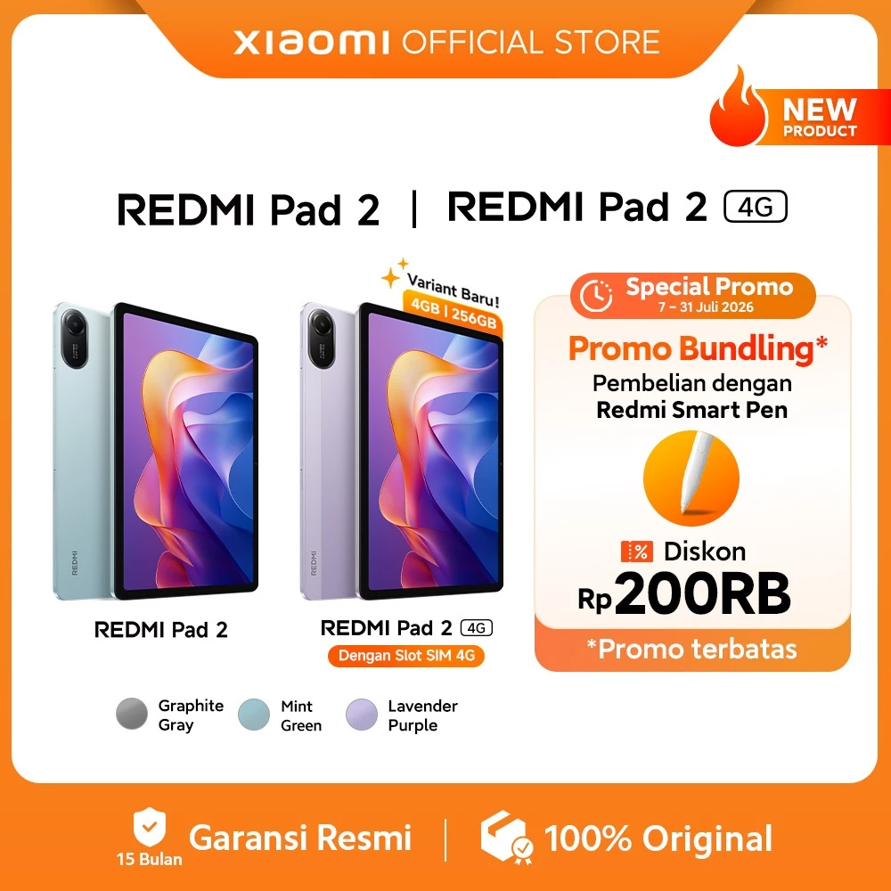 Redmi Pad 2 | Redmi Pad 2 4G (4GB/256GB)  SIM Card | Redmi Pad 2 (4/128G) Wi-Fi Only | 11" 2.5K Layar Super-jernih | Baterai jumbo 9000mAh (typ) | Helio G100-Ultra | 4 Speaker didukung Dolby Atmos® [Xiaomi Official Store]