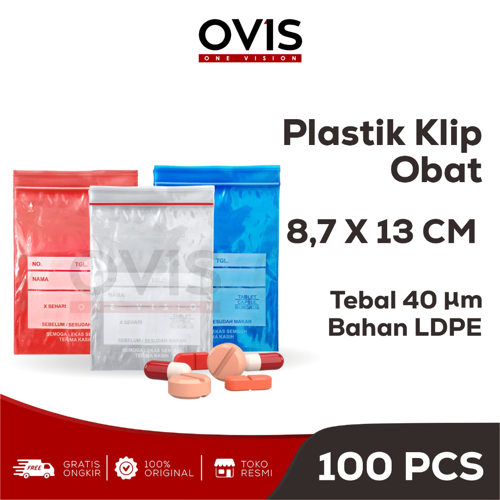 Plastik Klip Obat Apotek 7x10 cm 8.7x13 cm 10x15 cm Ziplock Kantong Zipper Biru Merah Bening Isi 100 Pcs - Gambar 2