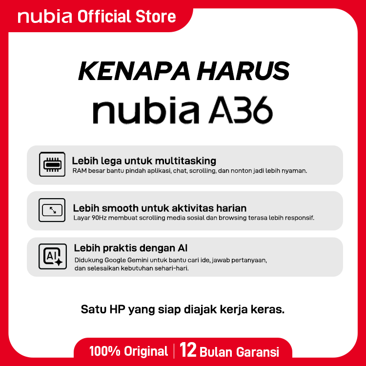 Handphone nubia A36 ROM 64GB RAM 12GB (4+8GB) Smartphone Kamera AI 13MP Layar 6.75" 90Hz, Baterai 5000mAh Fast Charging - Gambar 3