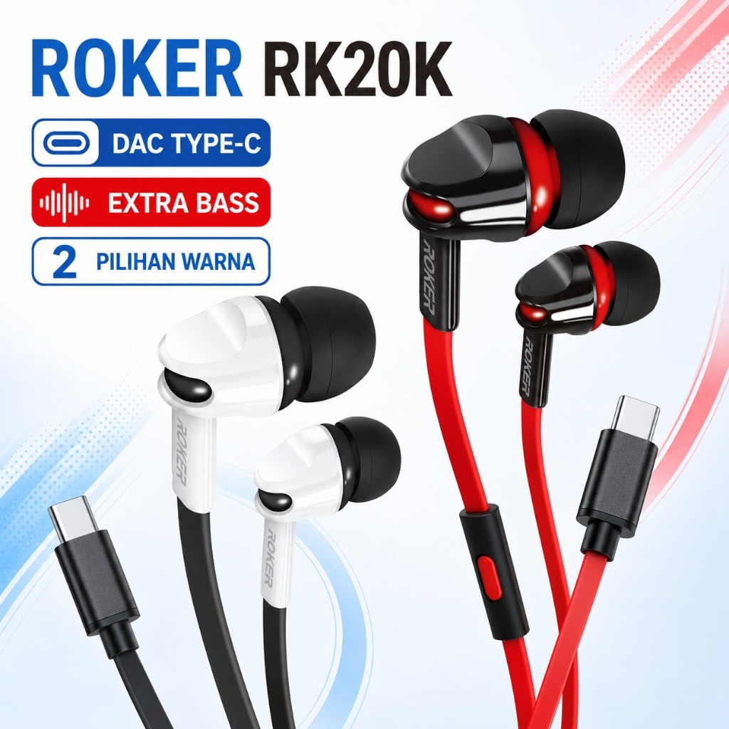 EARPHONE ROKER RK20K SUPER BASS JACK 3.5MM DAN TYPE C