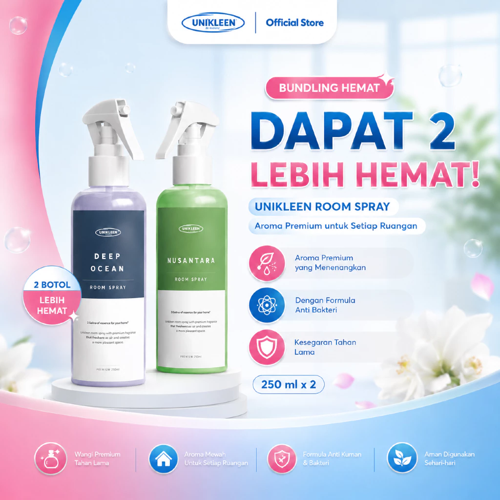 [Paket 2in1] Unikleen Bed & Room Spray - Pengharum Ruangan Anti Bakteri, Pewangi Sofa & Kasur, linen spray Wangi Tahan Lama Isi 2 pcs