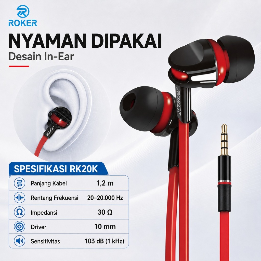 HANDSFREE / EARPHONE ROKER EXTRA BASS RK20K - Gambar 2