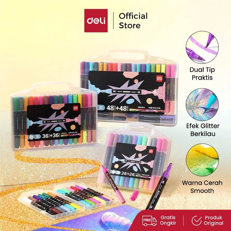 Deli Glitter Marker Dual Tip / Spidol Glitter Warna Dual Tip 12/24/36/48 HM292