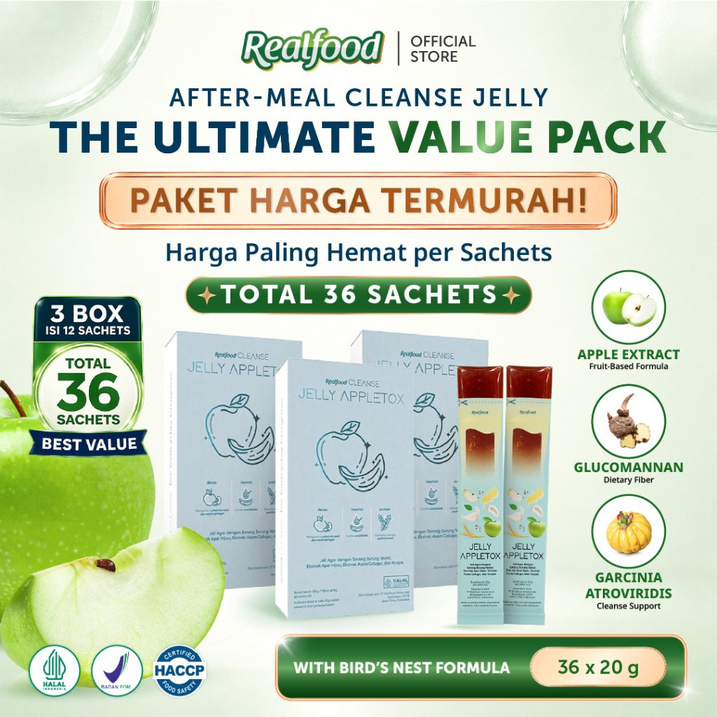 BEST VALUE BUNDLE 36 Sct Realfood Cleanse Jelly Appletox / Jelly Diet / Weight Management / Diet Snack / Camilan Diet / Ekstrak Apel / Apple Extract / Glukomanan / Asam Gelugur / Garcinia atroviridis / Sarang Burung Walet / After Meal