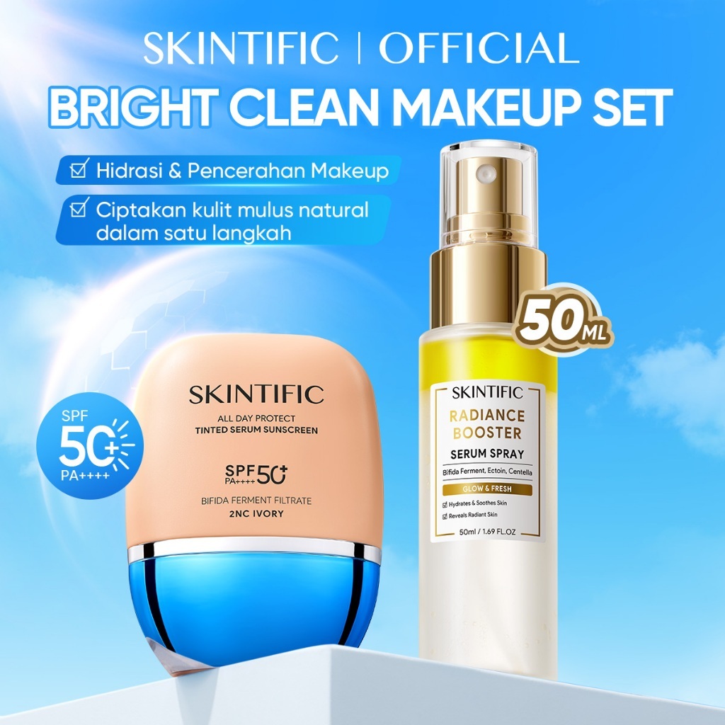NEW / SKINTIFIC - Light-weight Makeup Combo / Tinted Serum Sunscreen + Instant Glowing Serum Spray + Powder Foundation / SPF 50+ PA++++ All Day Protect High Coverage Glowing Finish Skin tint Natural Long-wear Makeup Set 2PCS 3PCS Bundle - Gambar 2