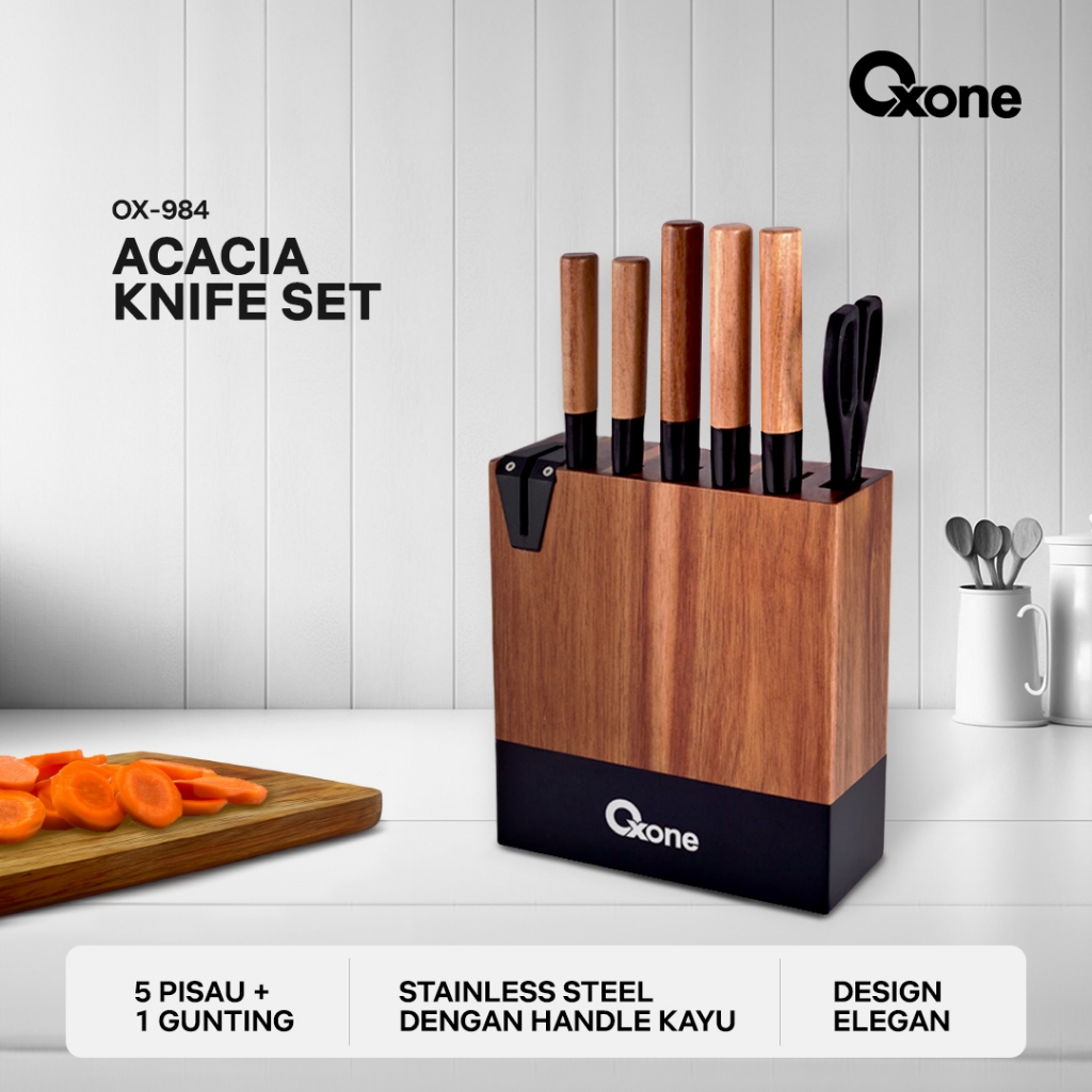 Oxone OX984 Pisau Set Stainless Gagang Kayu Premium Kitchen Tools