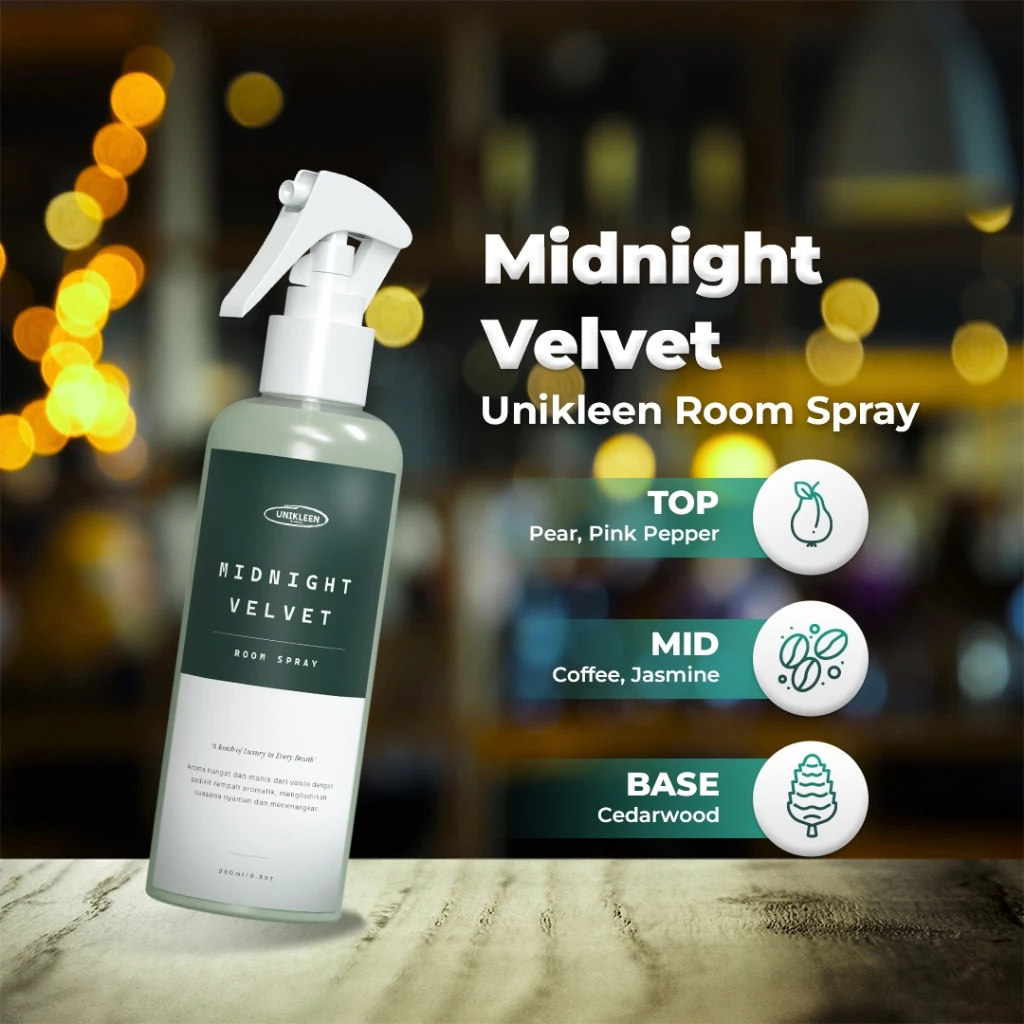 Unikleen Bed & Room Spray Midnight Velvet - Pengharum Ruangan Anti Bakteri, Pewangi Sofa & Kasur, Linen Spray Tahan Lama