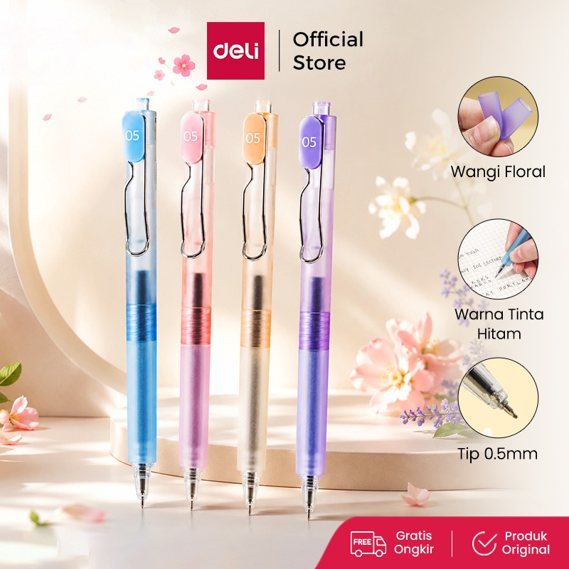 Deli Scented Gel Pen Tinta Hitam 0.5mm Pulpen Wangi Bunga Aroma Segar Comfortable Grip EG299F 1 pcs