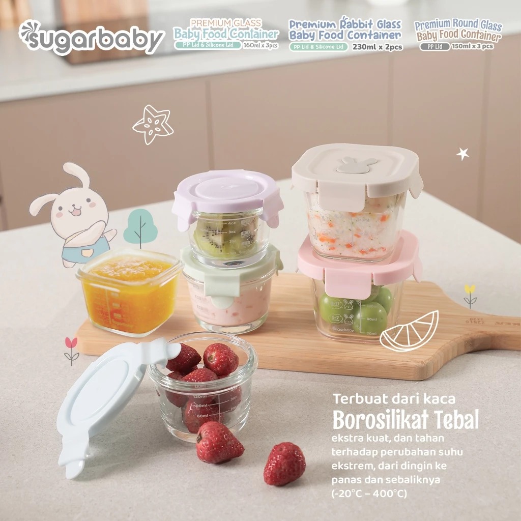 Sugarbaby Wadah Mangkok Bayi Premium - Rabbit Glass Food Container Silicone Lid - 2 pcs x 230 ml - Gambar 2
