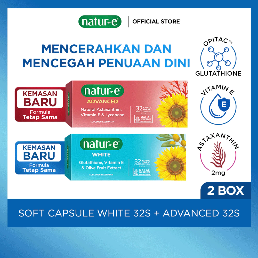 Natur-E Paket Soft Capsule - White 32s & Advanced 16s/32s - Suplemen Kecantikan Dengan Vitamin E, Glutathione dan Astaxanthin - Membantu Menjaga Kesehatan Kulit dari Dalam - Gambar 2