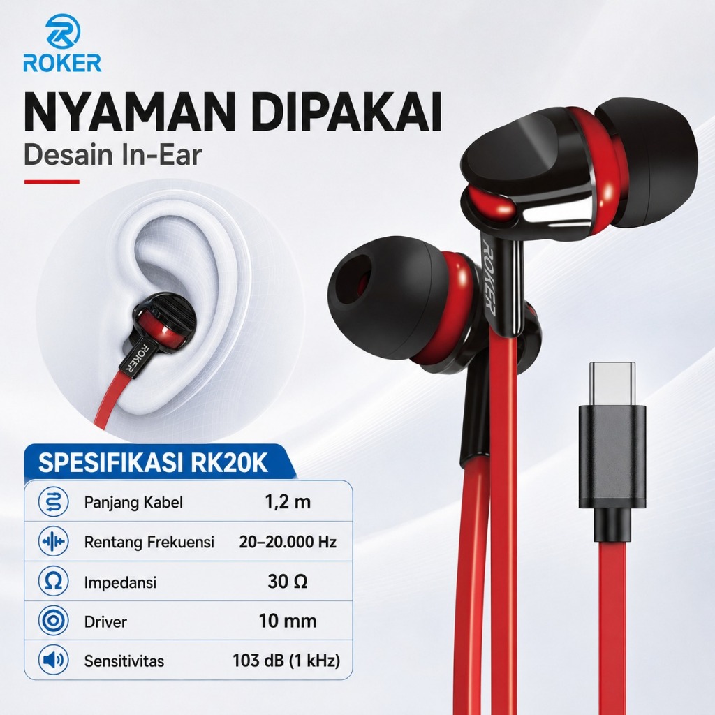 EARPHONE ROKER RK20K SUPER BASS JACK 3.5MM DAN TYPE C - Gambar 3