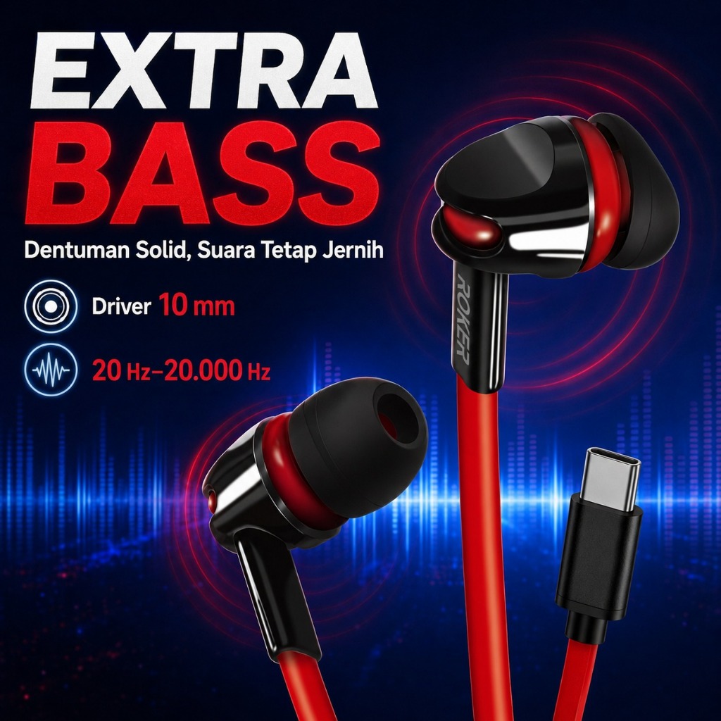 EARPHONE ROKER RK20K SUPER BASS JACK 3.5MM DAN TYPE C - Gambar 2