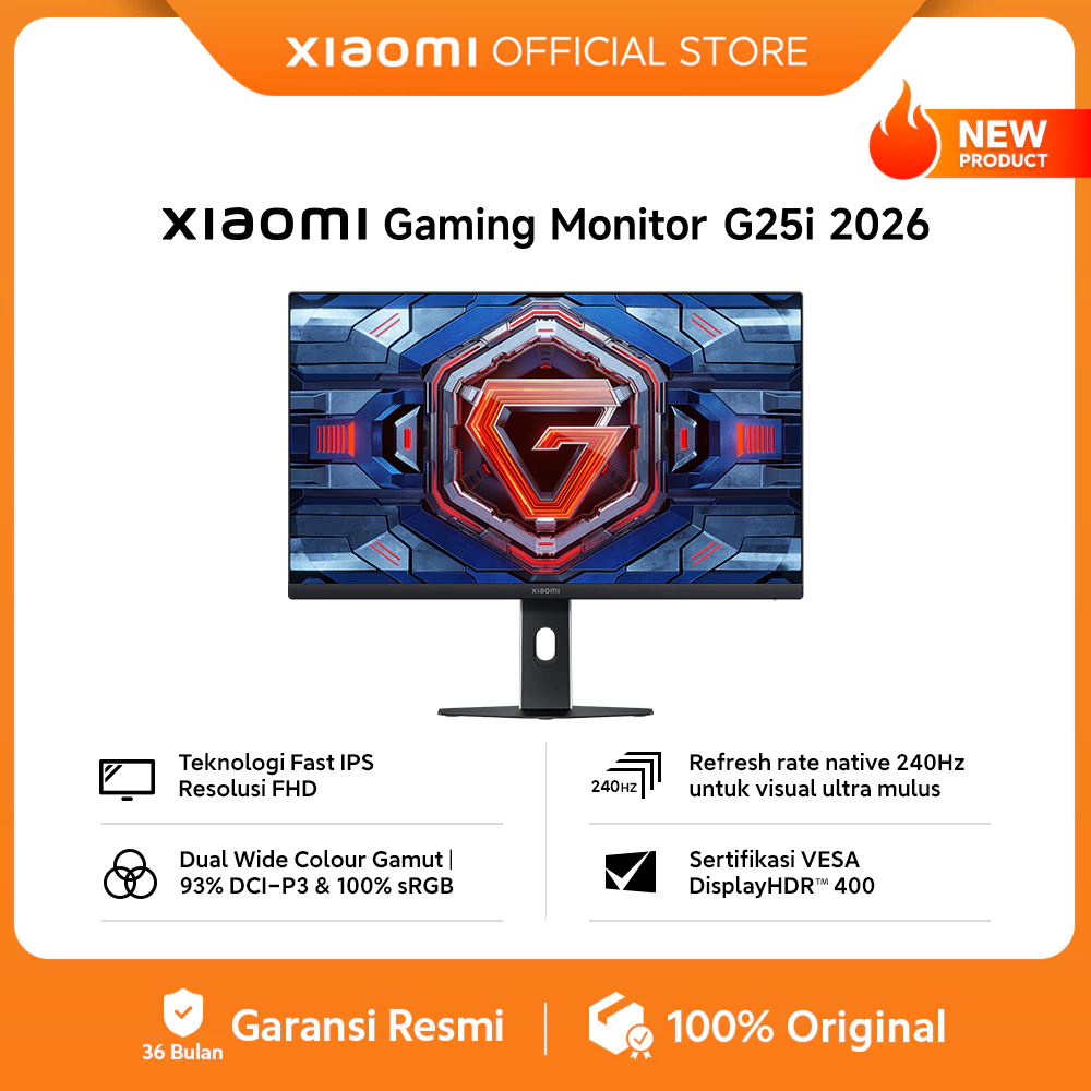 Xiaomi Gaming Monitor G25i 2026 / Teknologi Fast IPS Resolusi FHD / Refresh rate native 240Hz untuk visual ultra mulus / Dual Wide Colour Gamut / 93% DCI-P3 & 100% sRGB / Sertifikasi VESA DisplayHDR™ 400 [Xiaomi Official Store]
