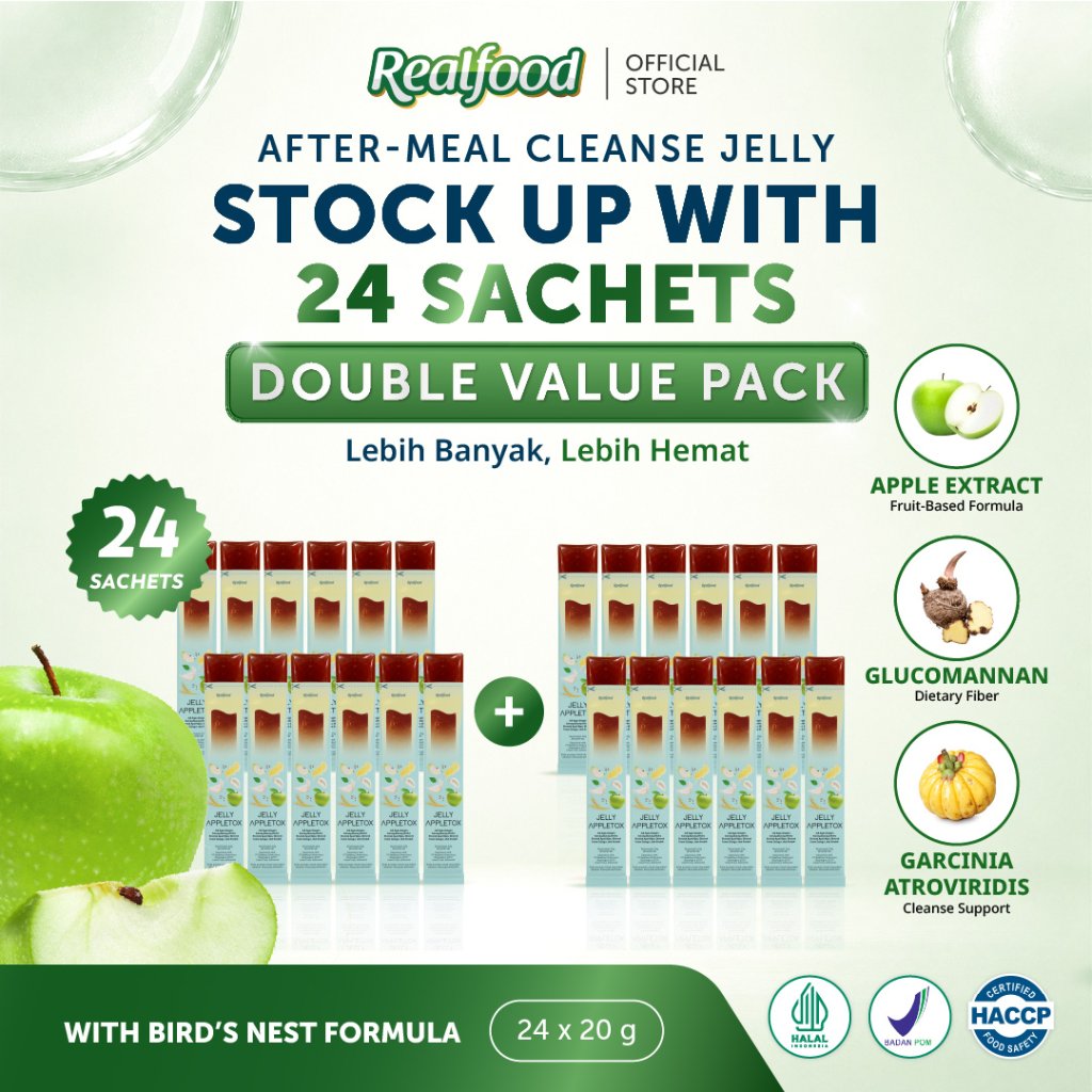 BUY 12 GET 12 Realfood Cleanse Jelly Appletox / Jelly Diet / Weight Management / Diet Snack / Camilan Diet / Ekstrak Apel / Apple Extract / Glukomanan / Asam Gelugur / Garcinia atroviridis / Sarang Burung Walet / After Meal