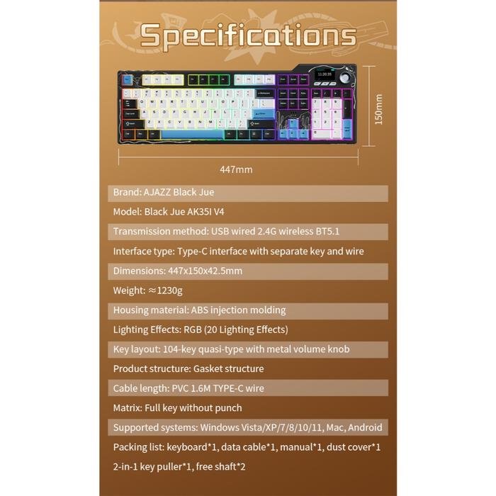 Ajazz AK35I / AK-35i V4 Wireless Mechanical Gaming Keyboard Fullsize with Screen and Knob - Gambar 2
