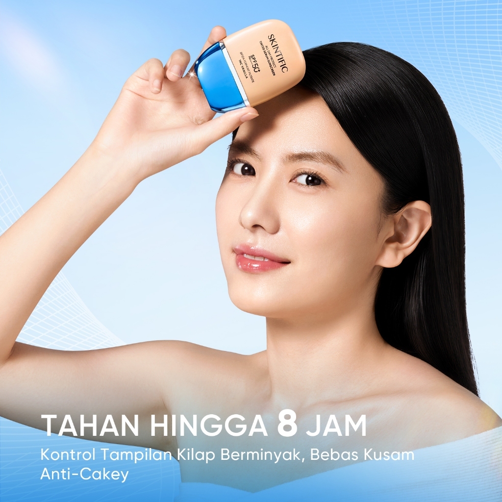 NEW / SKINTIFIC - Light-weight Makeup Combo / Tinted Serum Sunscreen + Instant Glowing Serum Spray + Powder Foundation / SPF 50+ PA++++ All Day Protect High Coverage Glowing Finish Skin tint Natural Long-wear Makeup Set 2PCS 3PCS Bundle - Gambar 4
