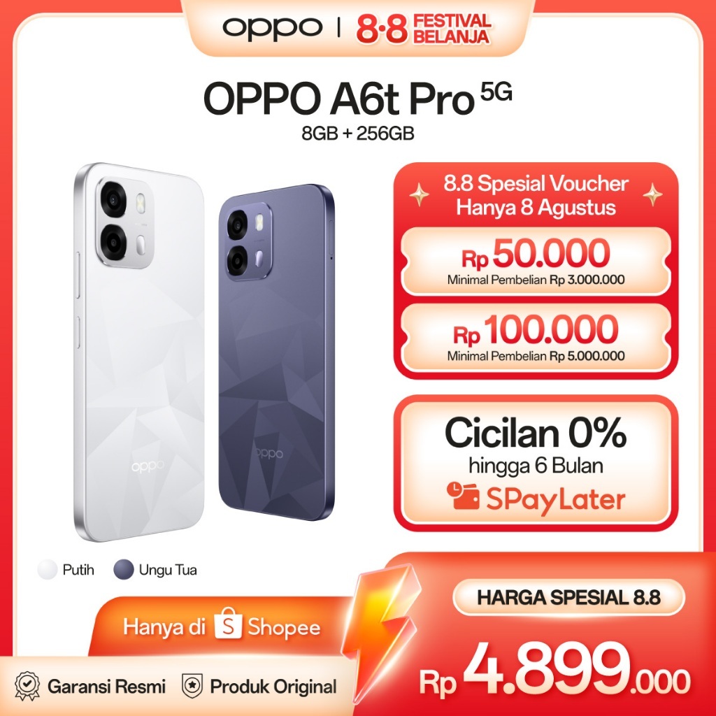 [BARU] OPPO A6t Pro 5G Online Exclusive 8GB+256GB [Dimensity 6300 5G, 7000mAh Large Battery 80W SUPERVOOC, IP69 Water & Dust Resistance]