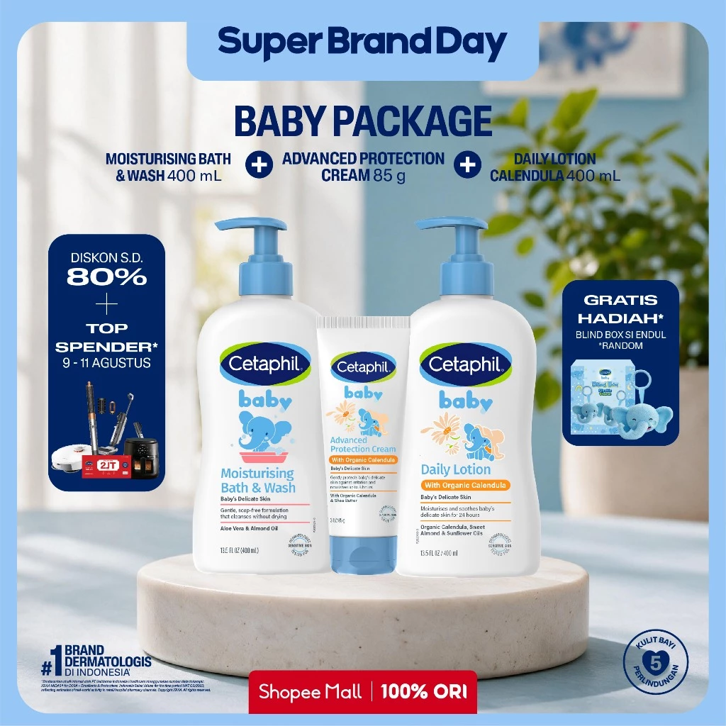 [LIVE ENDUL] Cetaphil Baby Moist Bath & Wash 400ml + Daily Lotion Calendula 400ml + Protection Cream 85g